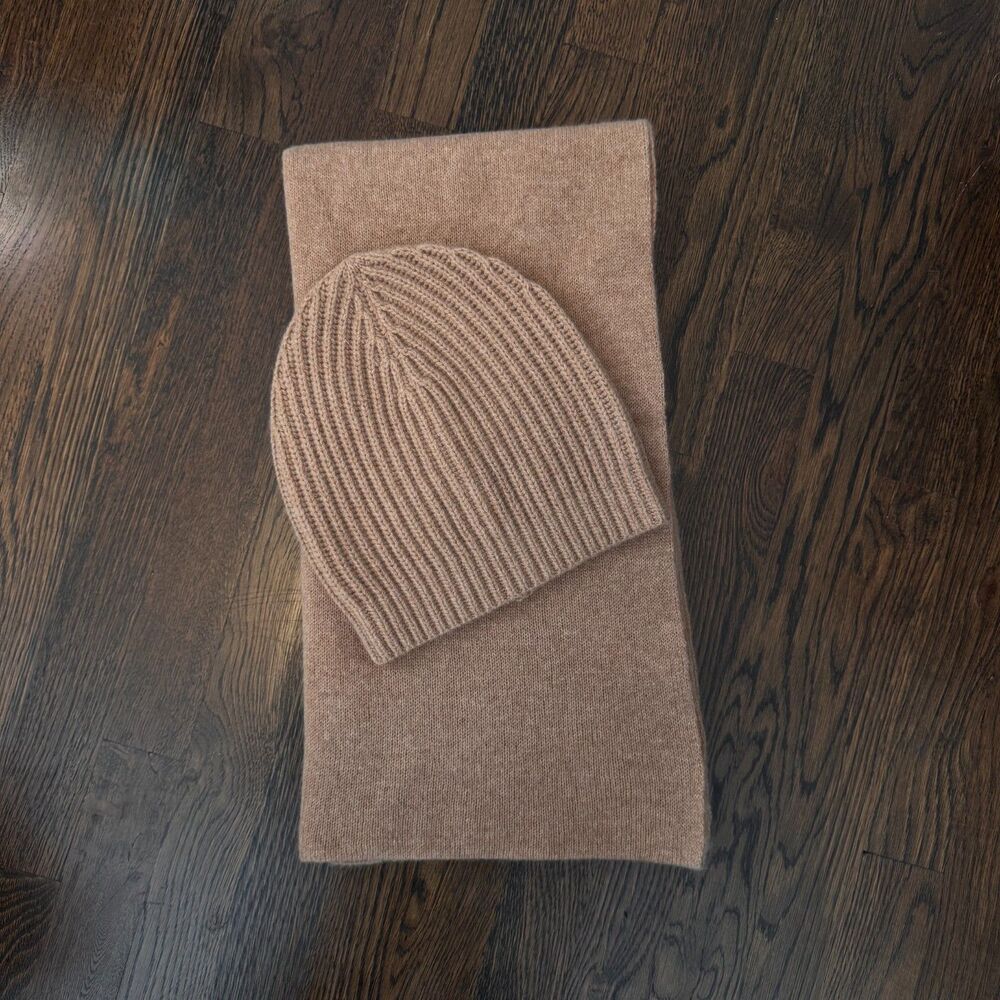 Club Monaco 100% Cashmere Camel Scarf and Beanie Set